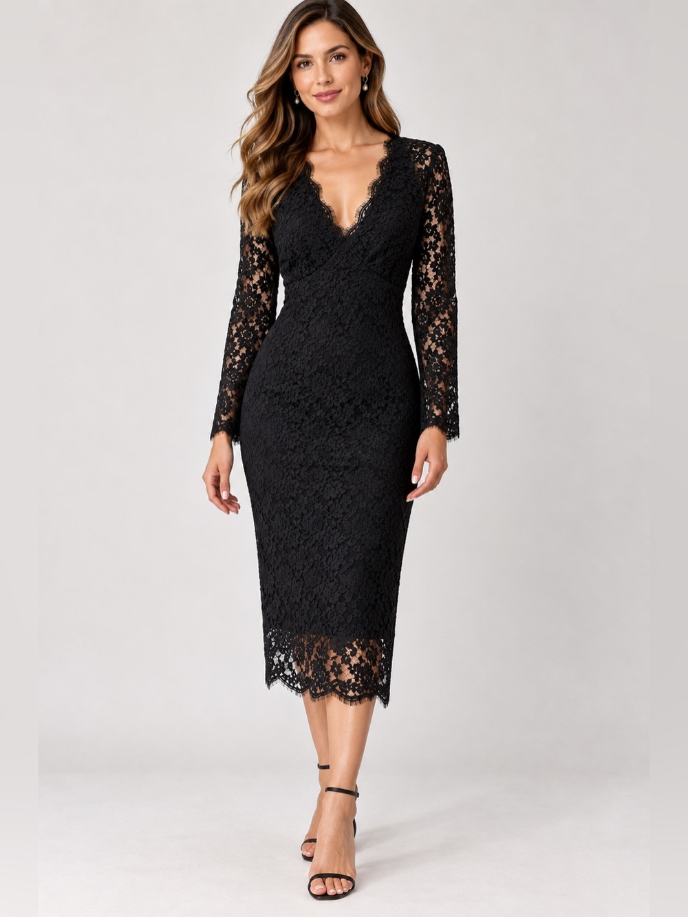 Adrianna Papell Evening Black Lace Sheath Dress Size 8 Long Sleeve V-Neck